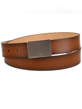 Calvin Klein Men's Cognac Leather Logo Plaque Belt Silver Buckle Small 30-32